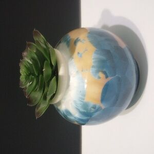 Crystalline Elegant Blue Yellow and Cream Ceramic Vase